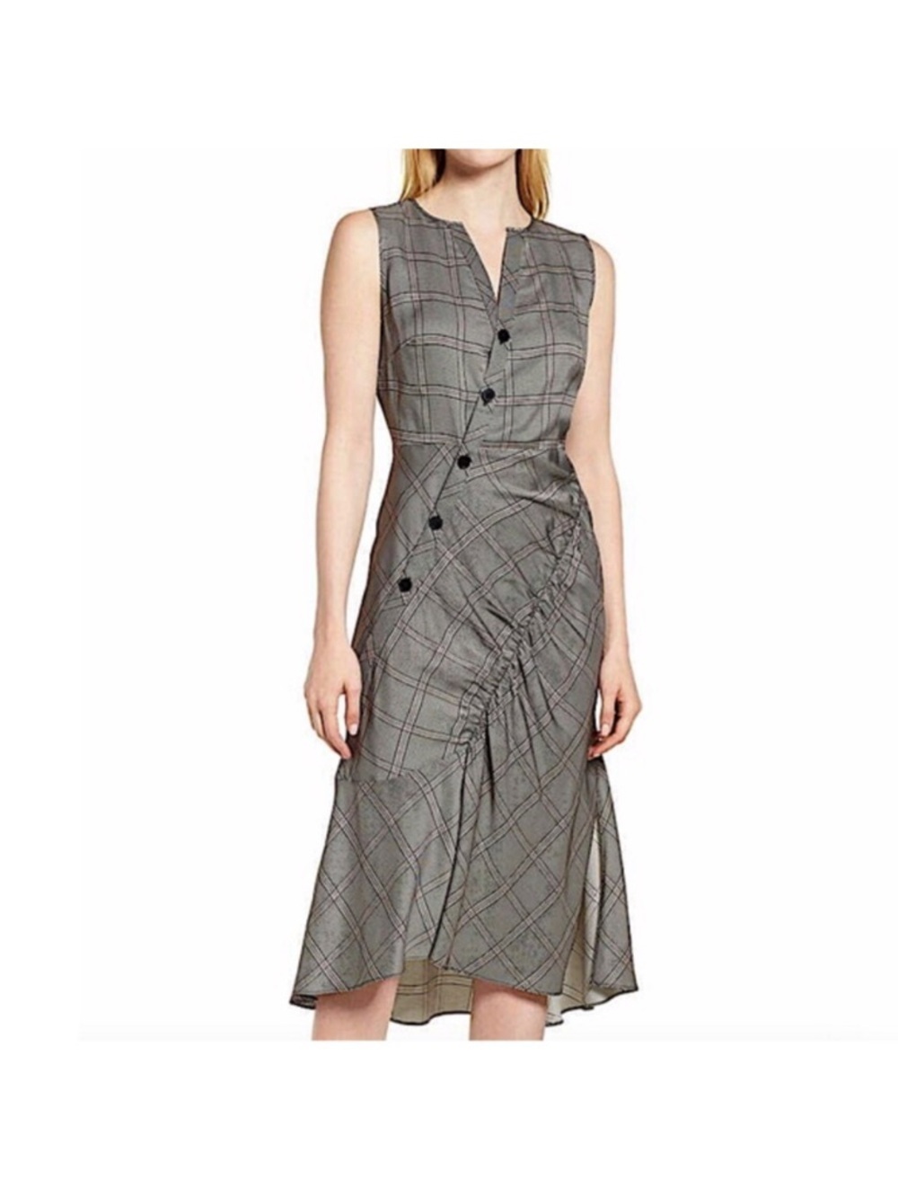 Lewit York Check Asymmetrical Sleeveless Ruched Sheath Dress